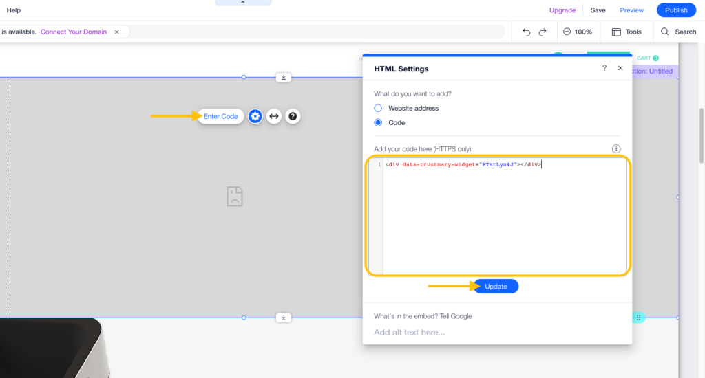 ingresa el código del widget de revisión de Google en wix