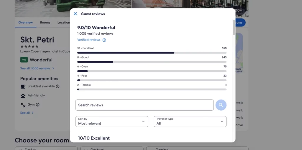 Expedia features a lot of reviews but doesn't highlight them very strongly in the listing