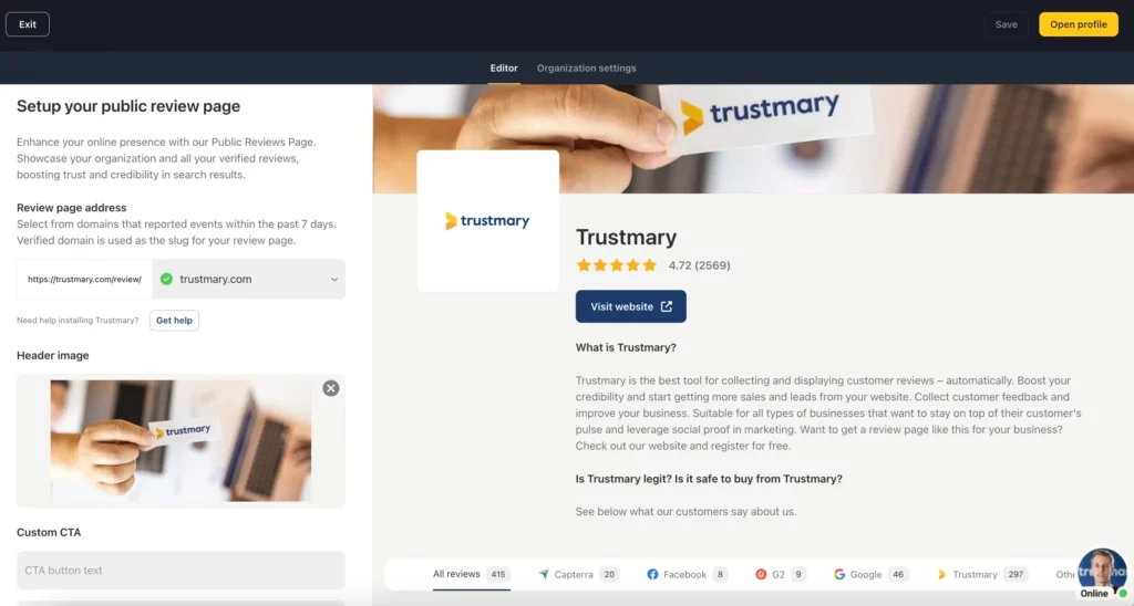 edit review profile page settings and add your company details