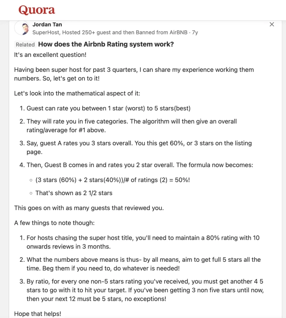 airbnb review system according to user on Quora