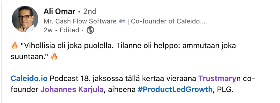 ali omar linkedin update mentioning the Johannes episode