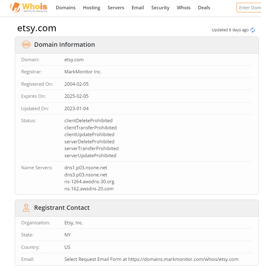 screenshot from Whois domain age lookup tool, showing how old etsy.com is