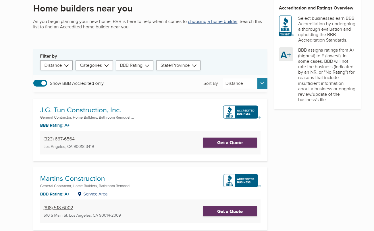 screenshot from better business bureau search