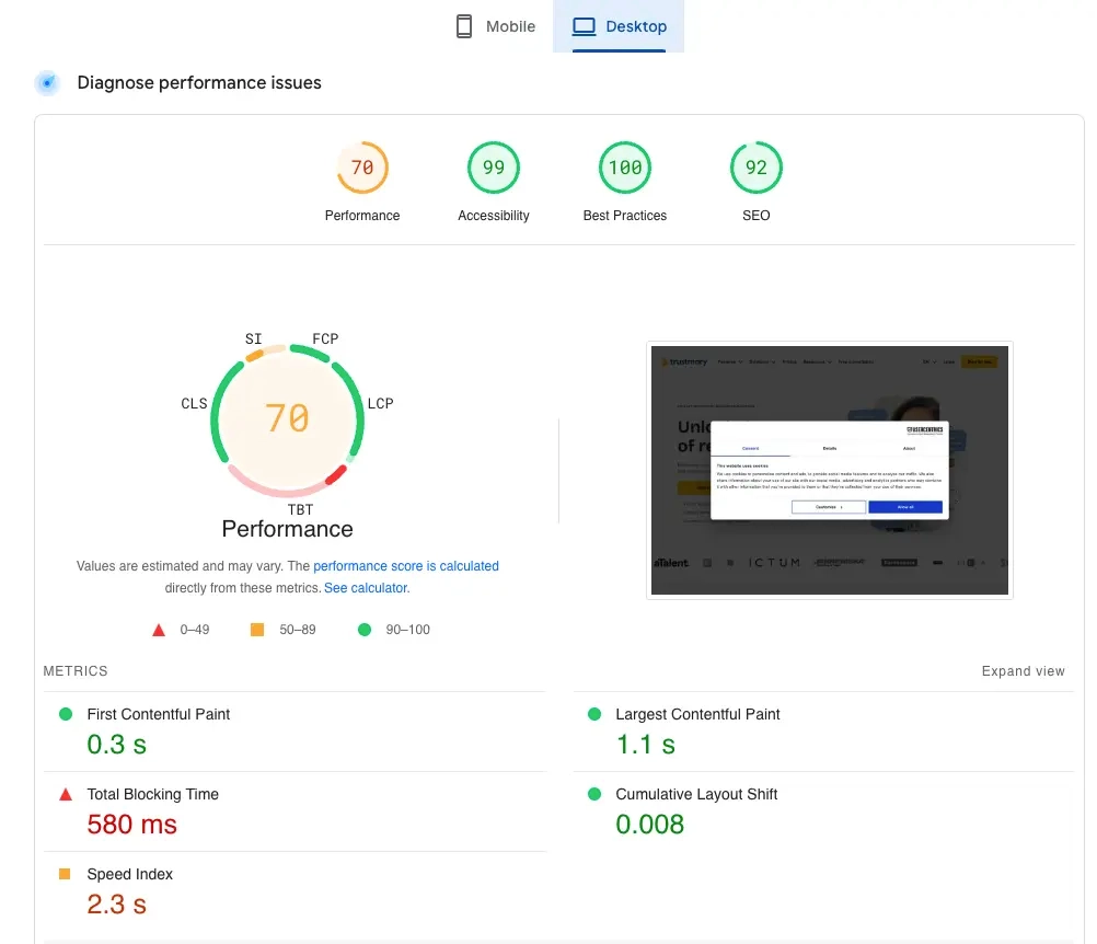 Trustmaryn PageSpeed Insights