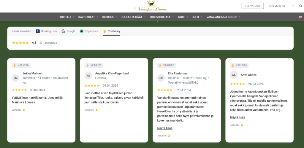 las reseñas deben colocarse en las subpáginas de los servicios de forma selectiva