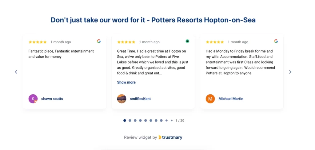 review widget on potters resorts' website