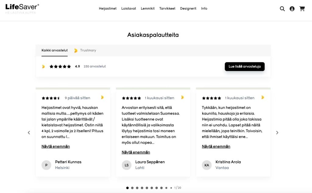 heijastinkauppa verkkokauppa widget sivuilla esimerkki