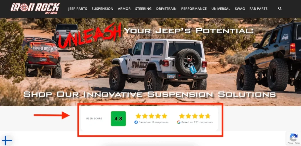 iron rock off road front page widget with average star ratings on google and facebook