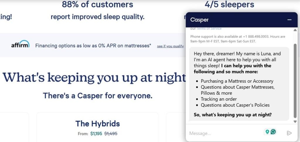 Casper's engaging AI chatbot named Luna