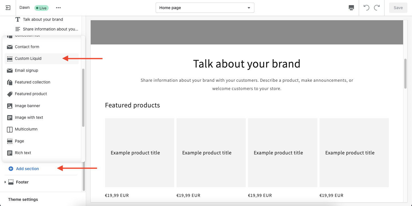 add section shopify