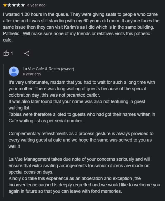 screenshot from a negative review and a response to it