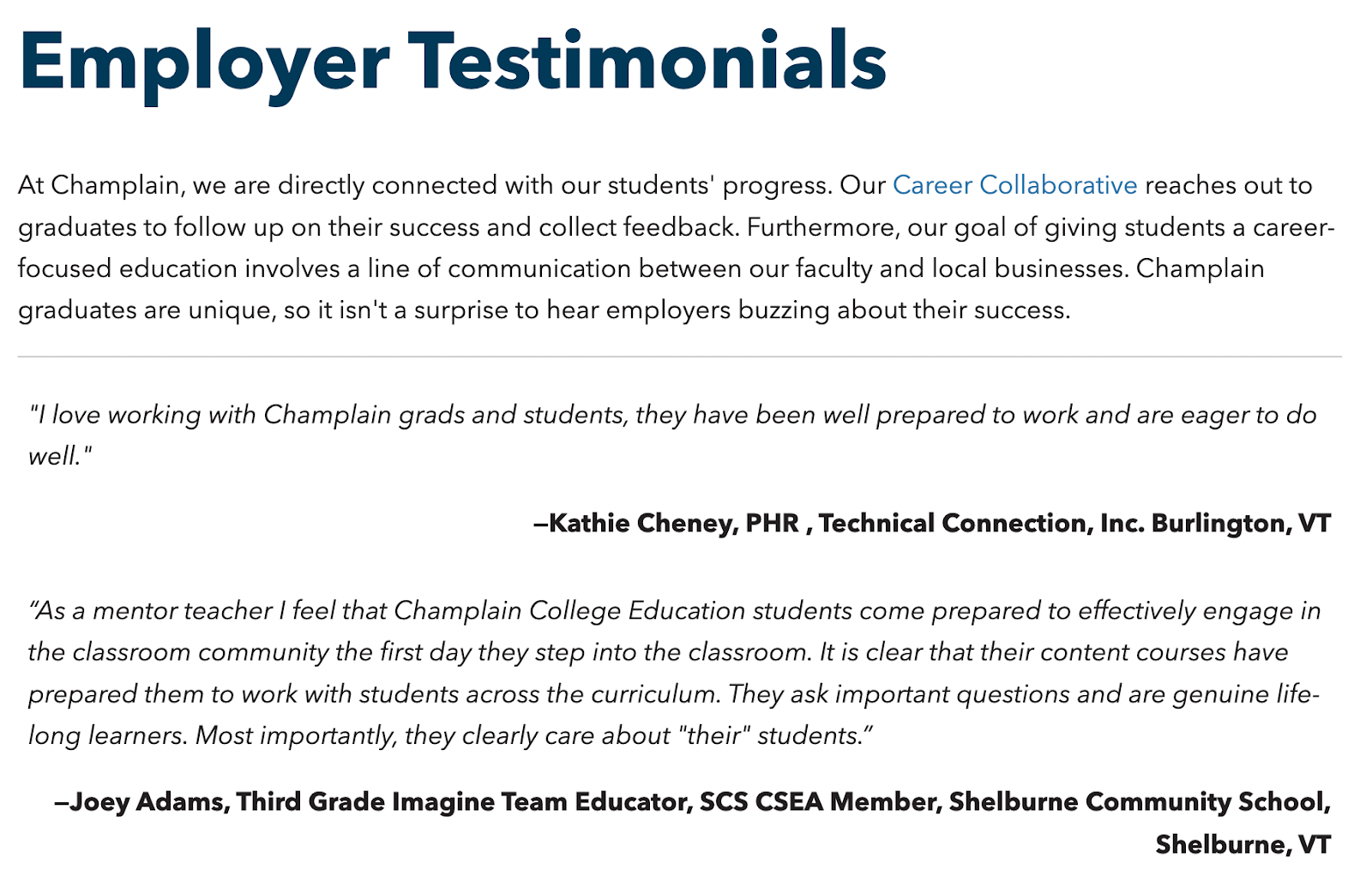 champlain employer testimonials employer testimonials college