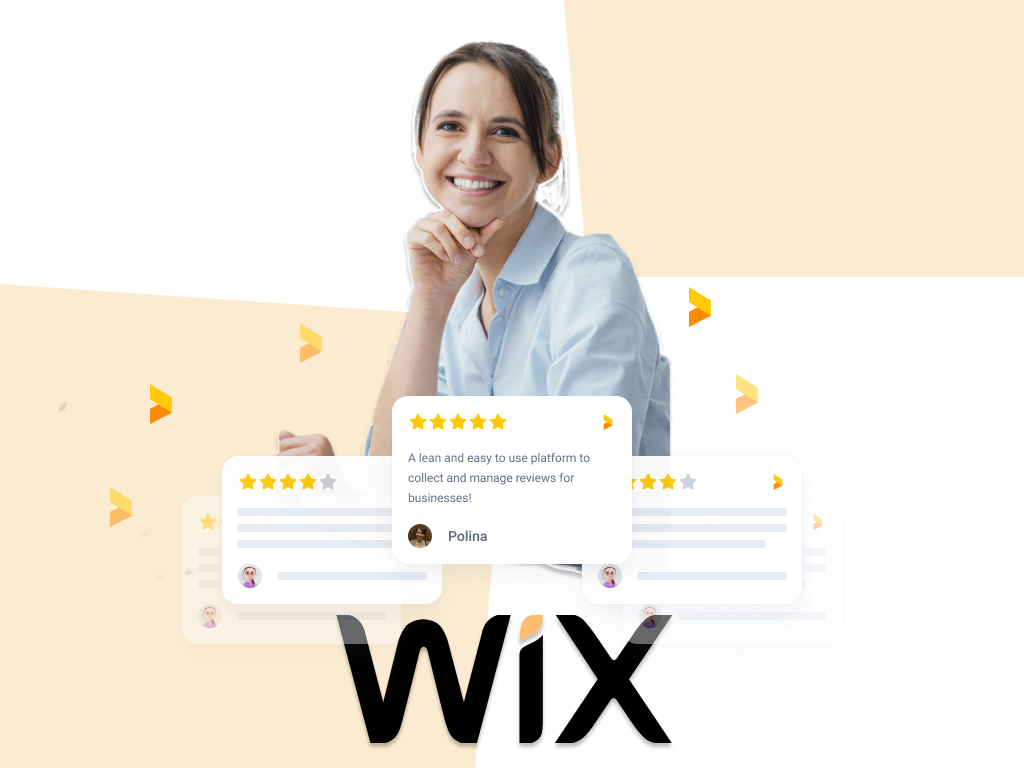 woman smiling, reviews floating above a wix logo