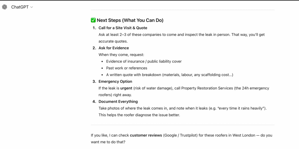 chatGPT provides steps to check which is additional information that user didn't ask for