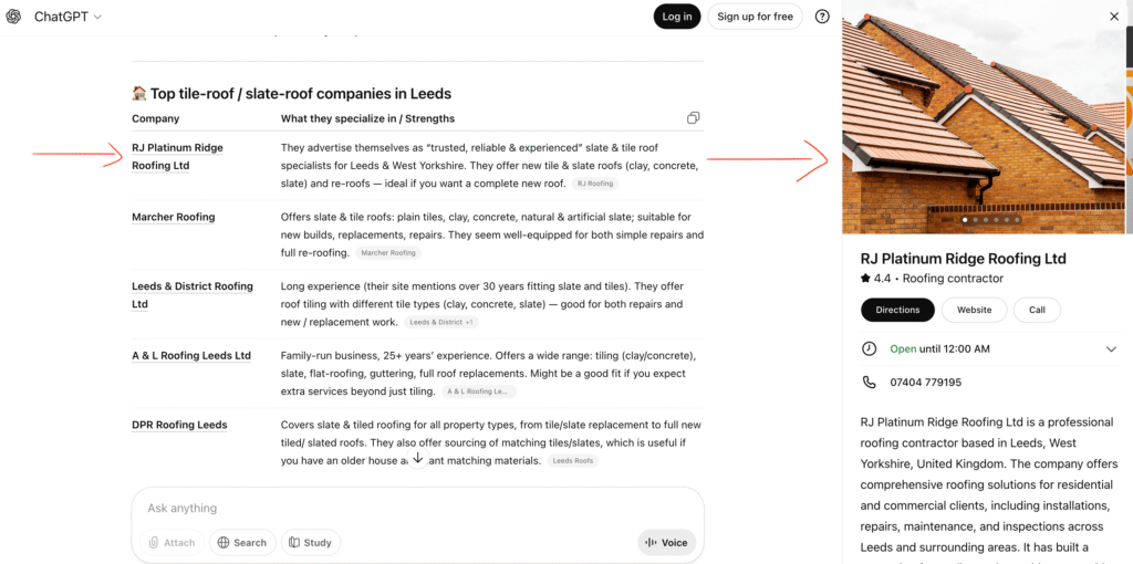 example of company information side panel on ChatGPT
