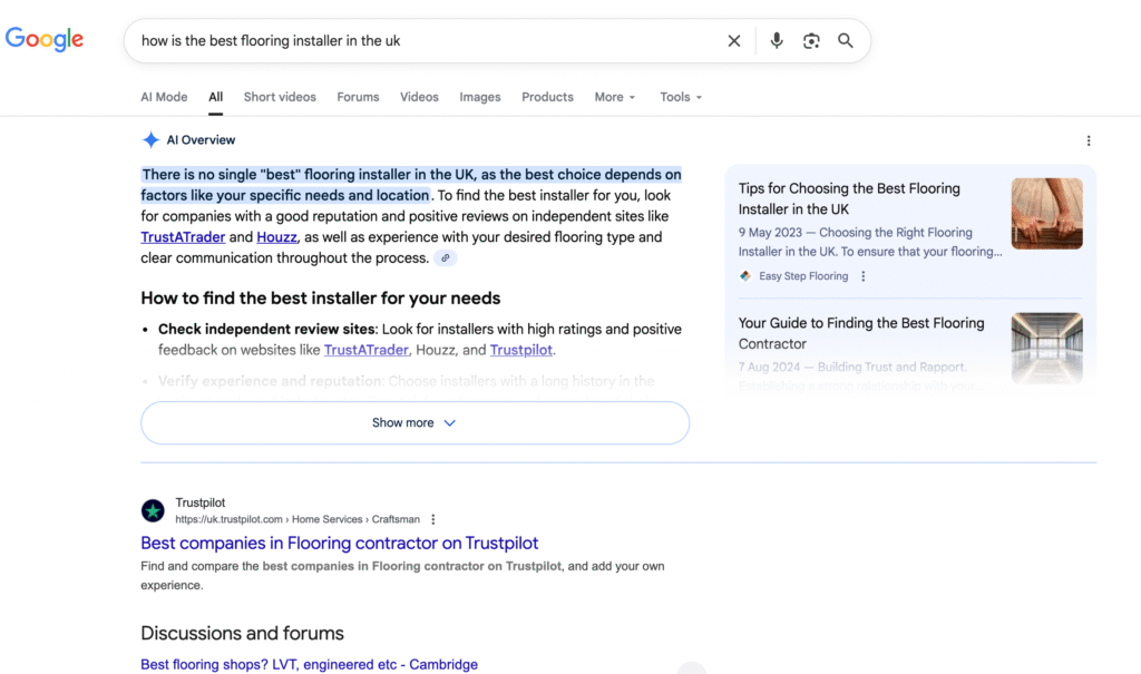 ai overview in google for uk looking for best flooring installer