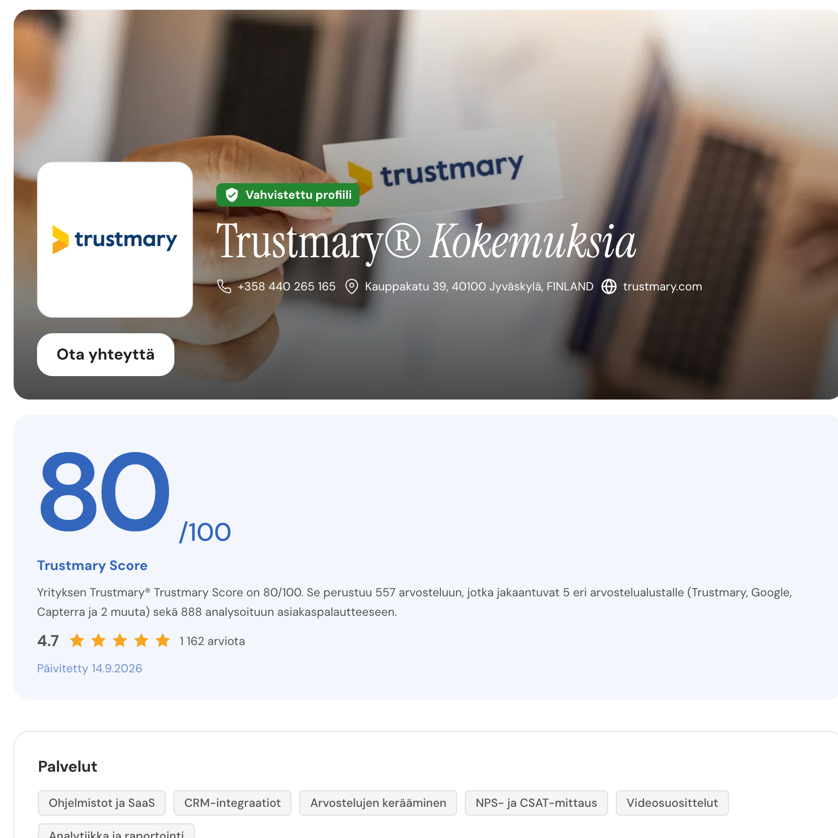 Trustmary profile page: logo, name, contact details and Trustmary Score.