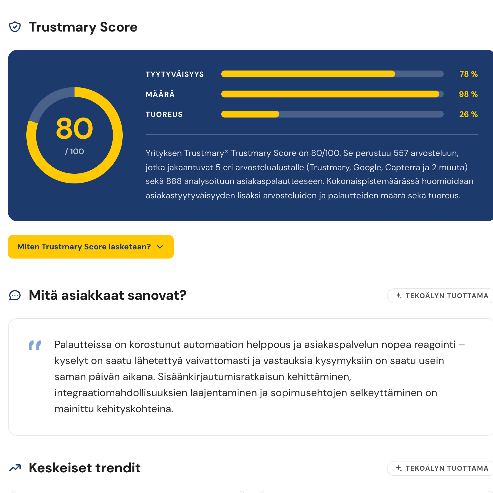 Trustmary Score card: satisfaction, volume and freshness as bars.