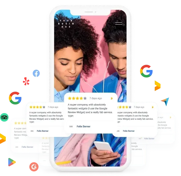 reviews and review site logos swirling around two peopke who re looking at a mobile phone