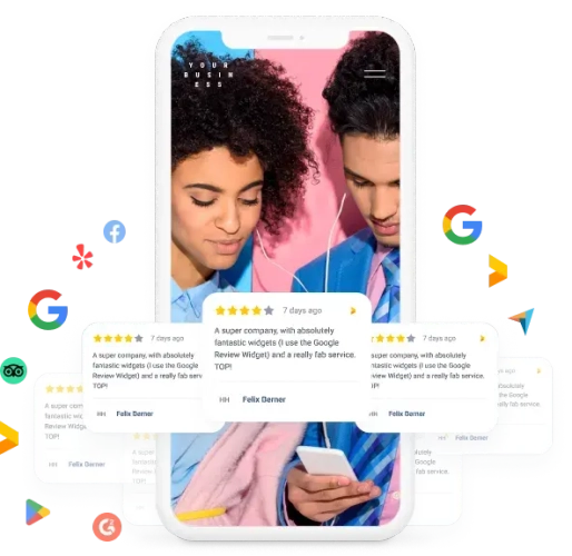 reviews and review site logos swirling around two peopke who re looking at a mobile phone