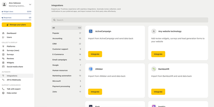 screenshot form integrations marketplace in trustmary