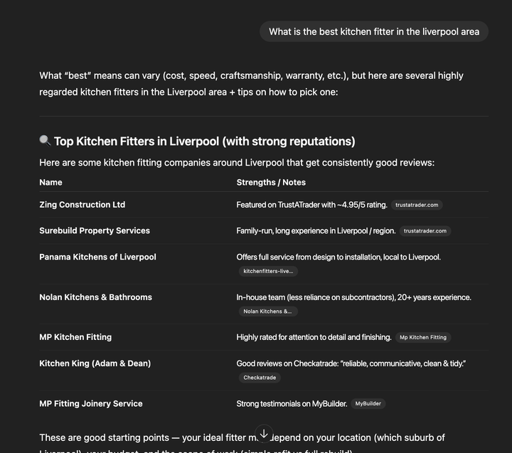 best kitchen fitter in the liverpool area chatgpt question and answer