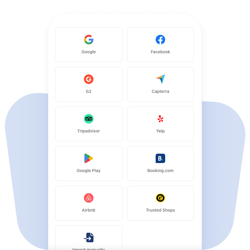 import reviews from Google, Facebook, Yelp, Capterra, G2, Tripadvisor, Google Play, or Excel